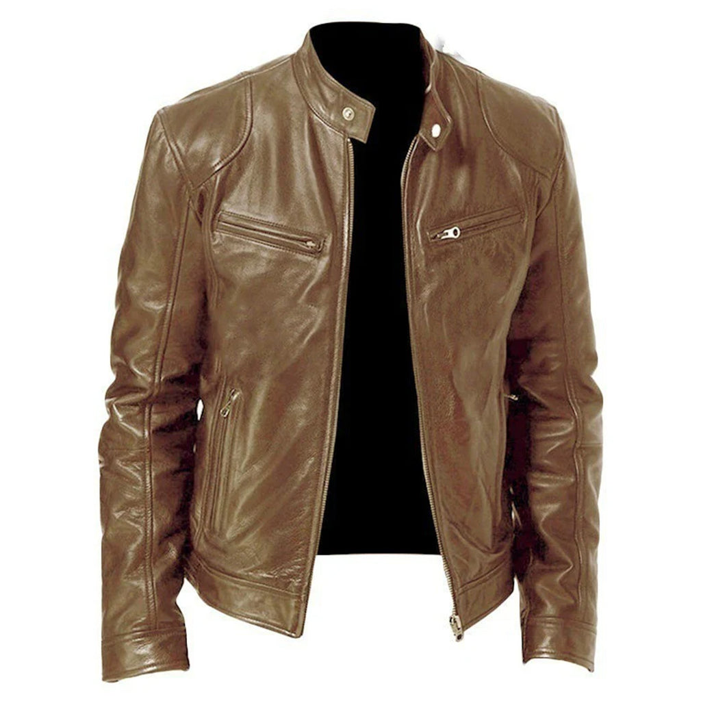 Men's Zip-up Cardigan PU Leather Jacket Fashion Pockets Stand Collar Short Tops Clothing