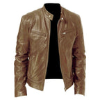 Men's Zip-up Cardigan PU Leather Jacket Fashion Pockets Stand Collar Short Tops Clothing