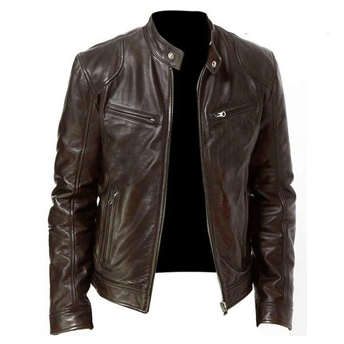 Men's Zip-up Cardigan PU Leather Jacket Fashion Pockets Stand Collar Short Tops Clothing