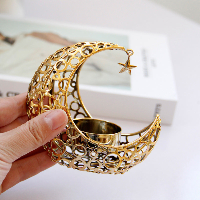 Crescent Moon Candle Holder – Gold & Black Metal Eid Ramadan Tealight Decor for Home & Wedding