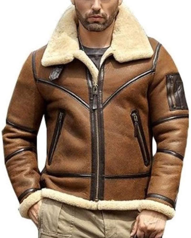 Mens Shearling Jacket B3 Flight Sheepskin Aviator Winter Coat Fur Bomber Leather Jacket (5XL)