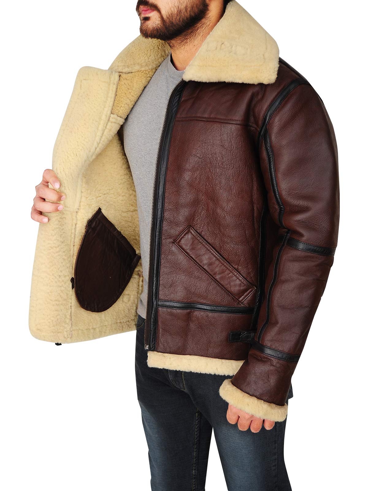 Mens Aviator Flying B3 Real Shearling Sheepskin Leather Bomber Jacket (S)