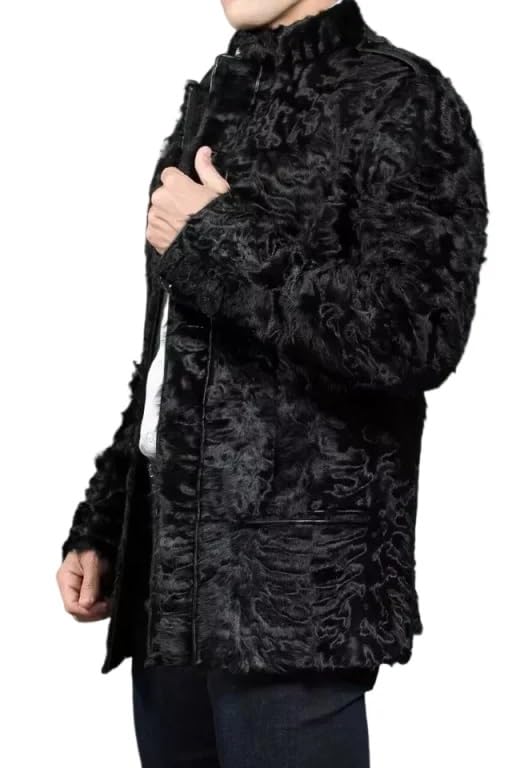 ZA Fashion Cloud Men's Genuine Persian Lamb Fur Jacket Mink Collar Karakul Winter Black Elegant Coat