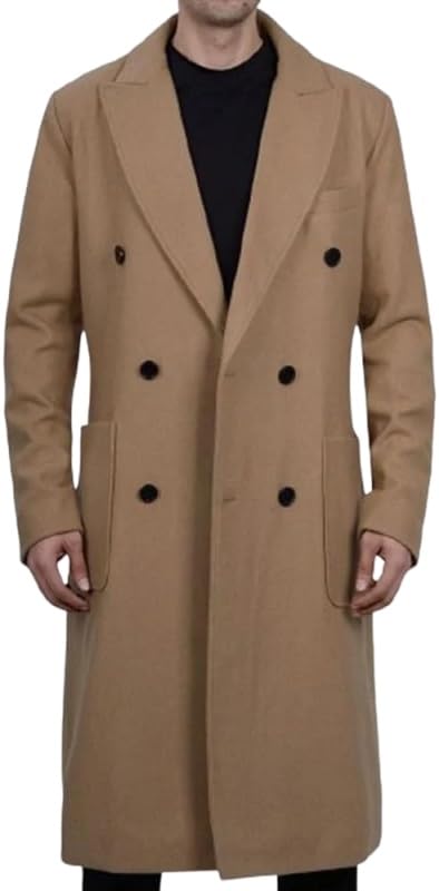 Men's Double Breasted Quilted Winter Warm Notched Collar Wool Classic Coat