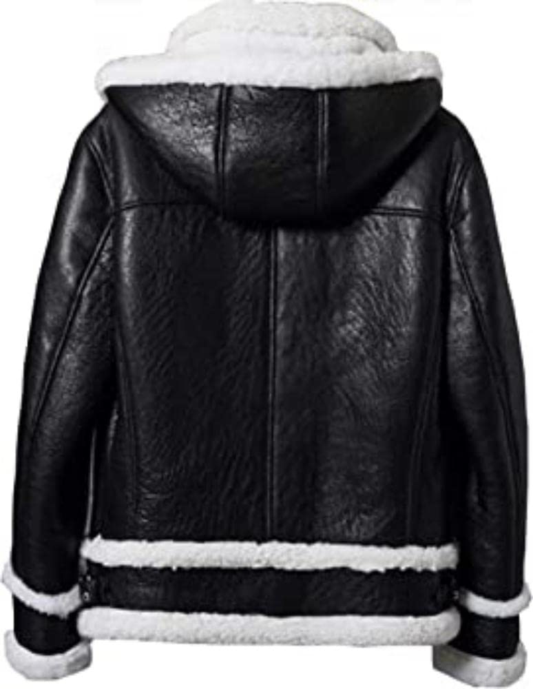 ZA Fashion Cloud Mens Black Shearling B3 Bomber Hooded Fur Leather Aviator Jacket Winter Sheepskin Coat