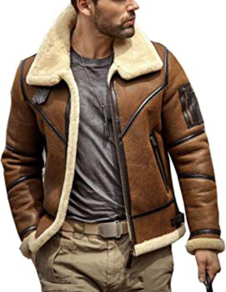 Mens Shearling B3 Bomber Flight Sheepskin Aviator Winter Coat Leather Jacket (4XL)