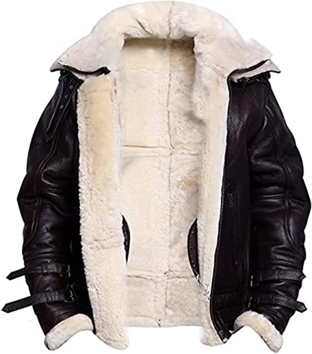 ZA Fashion Cloud Mens Genuine B3 Bomber WW2 Avaitor Shearling Sheepskin Double Collar Fur Jacket