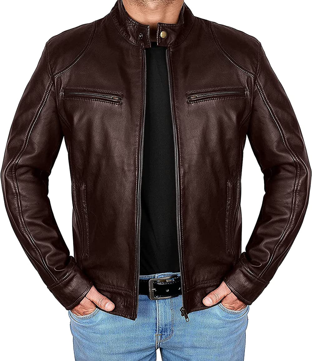 ZA Fashion Cloud Mens Genuine Cafe Racer Rider Brown Motorcycle Sheepskin Leather Jacket