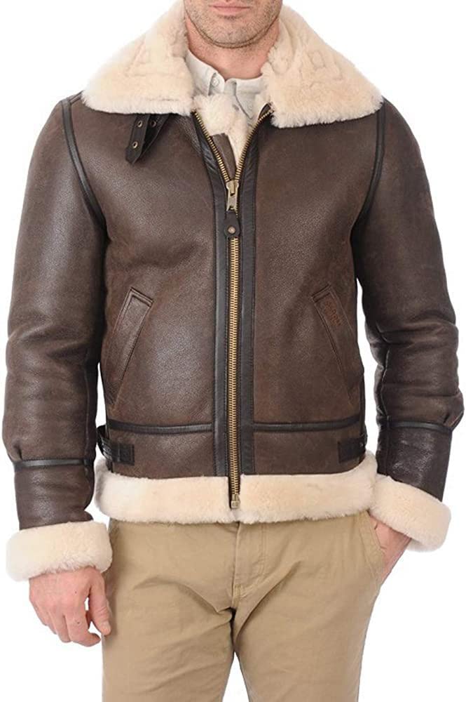 B3 RAF Real Fur Bomber Leather Aviator Flight Sheepskin Shearling Jacket
