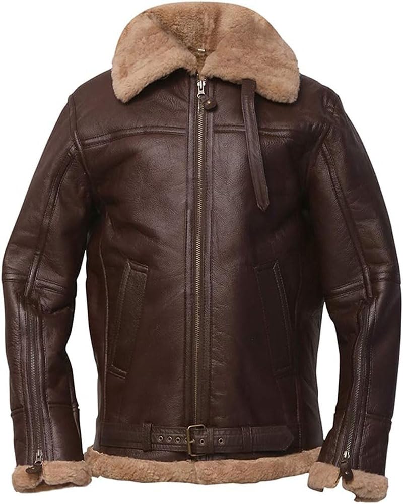 ZA Fashion Cloud Mens Genuine Aviator Flight B3 Bomber Brown Shearling Sheepskin Arvin Leather Winter Jacket