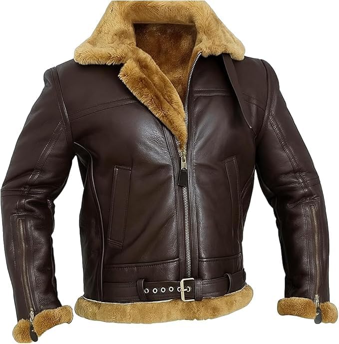 ZA Fashion Cloud B3 Bomber Jacket Men Genuine Sheepskin Shearling Leather Jacket Winter Fur Coat Brown