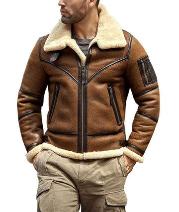 Mens Shearling Jacket B3 Flight Sheepskin Aviator Winter Coat Fur Bomber Leather Jacket