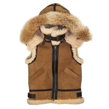 ZA Fashion Cloud B3 Bomber Shearling Sheepskin Flying Aviator Pilot Removable Hood Fur Leather Vest
