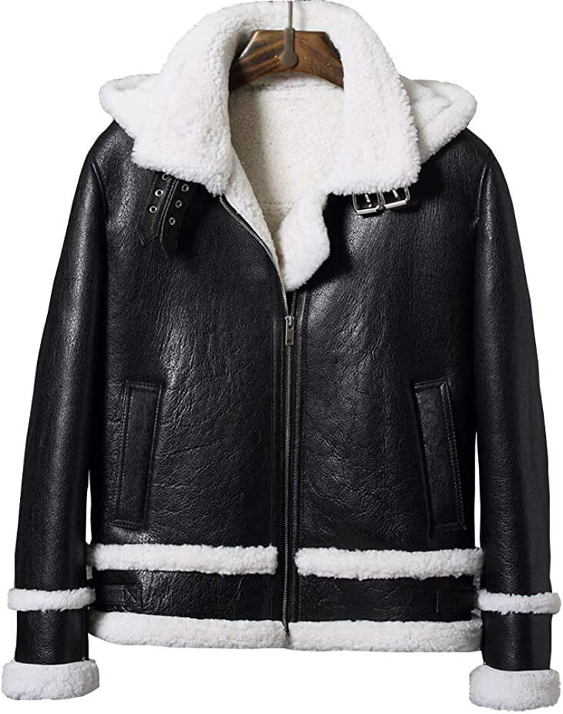 New Mens Shearling Black B3 Bomber Hooded Leather Fur Jacket Winter Short Sheepskin Coat