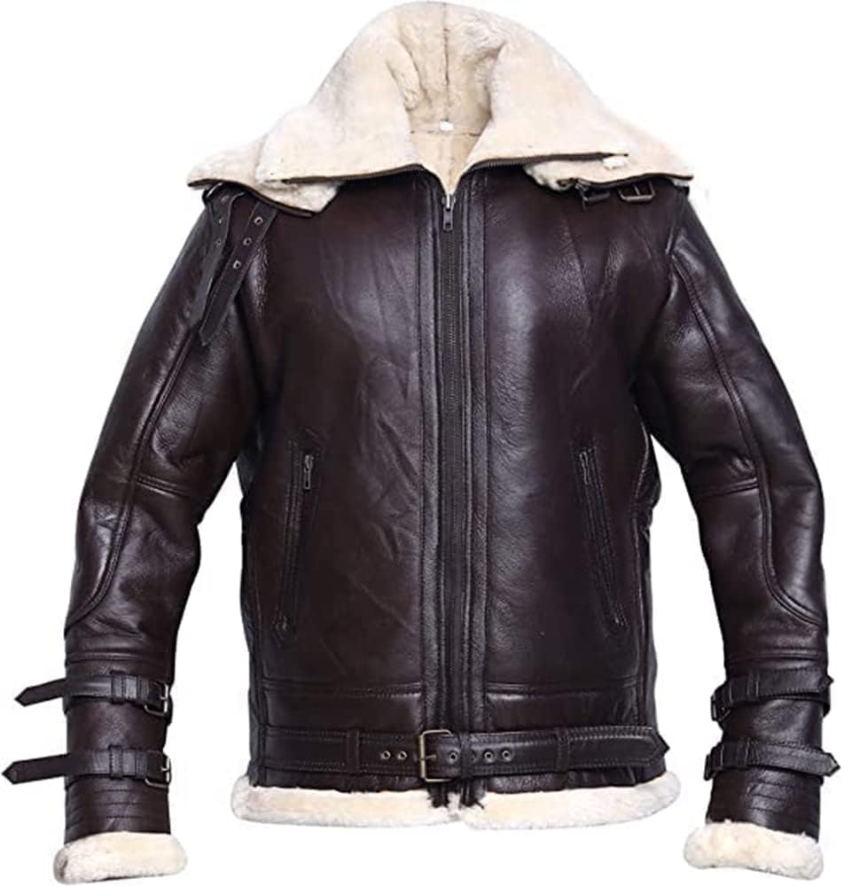 ZA Fashion Cloud Mens Genuine B3 Bomber WW2 Avaitor Shearling Sheepskin Double Collar Fur Jacket
