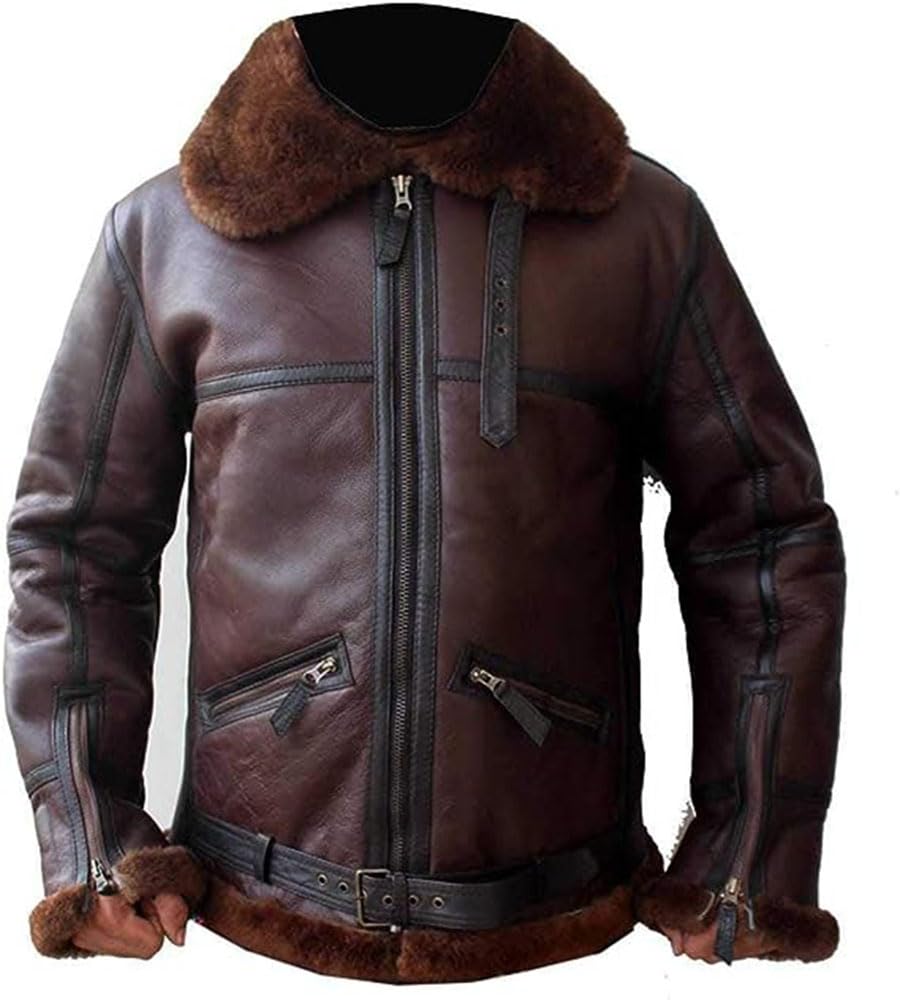 ZA Fashion Cloud Men's Genuine RAF Aviator B3 Bomber Shearling Sheepskin Leather Flying Fur Pilot Jacket