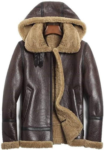 ZA Fashion Cloud Mens Real B3 Detachable Shearling sheepskin Hood Flight leather winter Fur jacket
