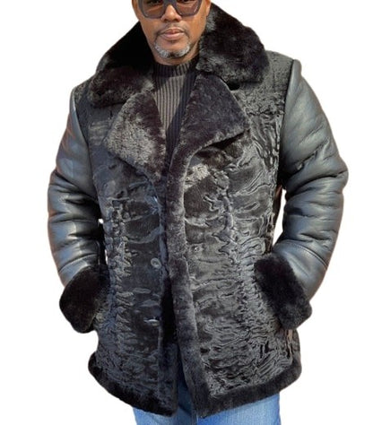 MENS BLACK PERSIAN LAMB JACKET MINK COLLAR GENUINE SHEARLING KARAKUL CLASSIC COAT