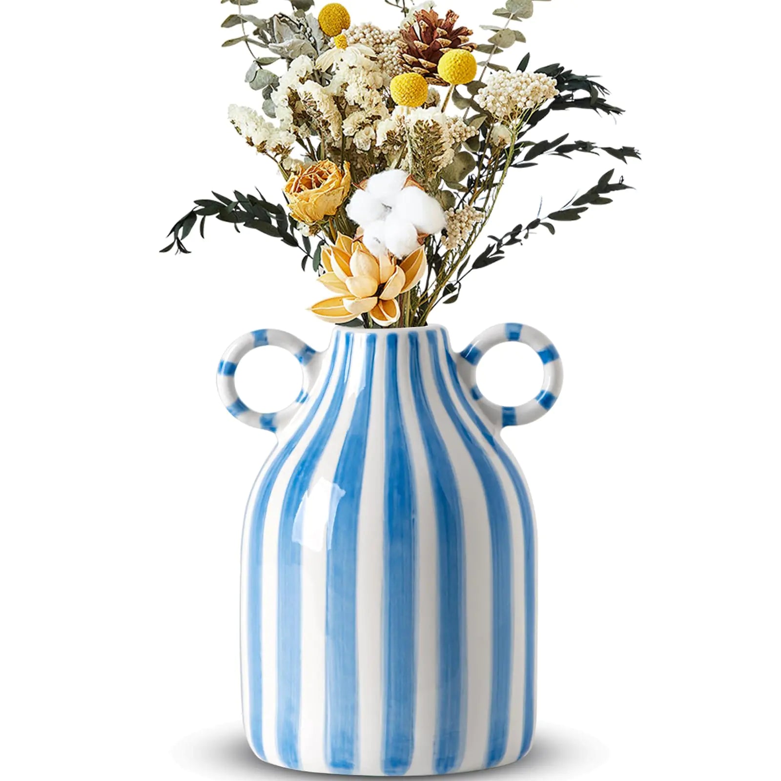Blue and White Striped Ceramic Vase – Mid-Century Modern Decor